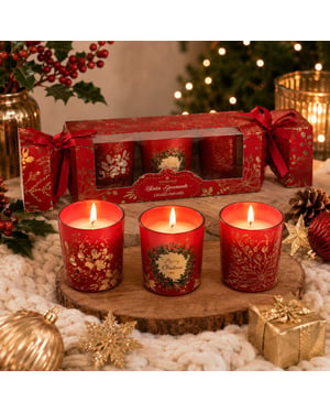 WDMT Set van 3 kerst geurkaarsen – geurkaarsen in rood bedrukt glas – luxe