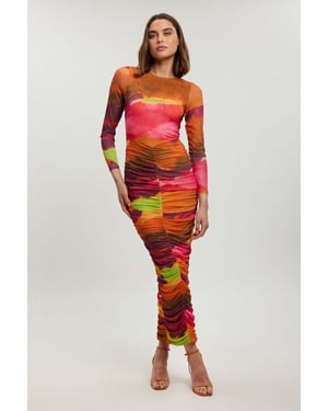 Marbled Print Mesh Ruched Maxi Dress