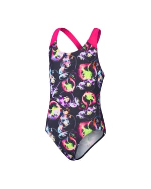 Girls Speedo Allover Aquatic Print Swimsuit in Black/Pink