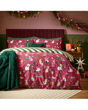 Furn Feline Festive Reversible Christmas Duvet Cover Set, Purrgundy
