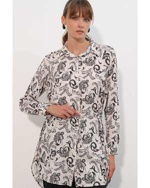 Bloemige Viscose Crepe Oversized Lange Blouse met Ceintuur