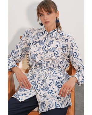 Bloemige Viscosel Crepe Riemlongshirt