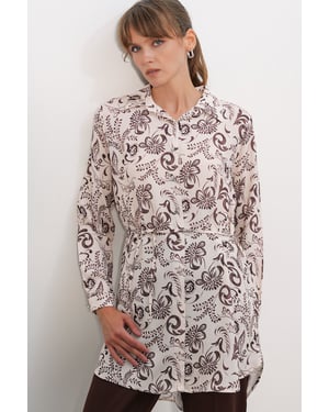Floral Viscose Crepe Gemaakt Lange Shirt met Ceintuur
