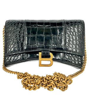 Balenciaga Croc Gegraveerde Hourglass Portemonnee met Ketting in ZwartLeer