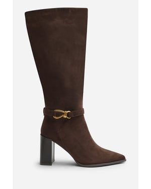 Wheres That From Womens Winona Knot Trim Detail Knee High Boots in Dark Brown Suede