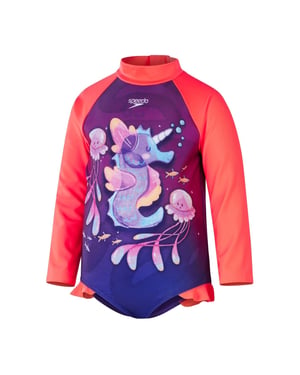 Girls Speedo Frill Aquatic Print Cartoon Swimsuit in Purple/Pink