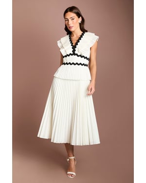 Pleated Cotton Detail Ruffle Shoulder Midi Dress