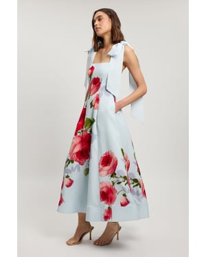 Petite Viscose Linen Floral Print Woven Prom Dress