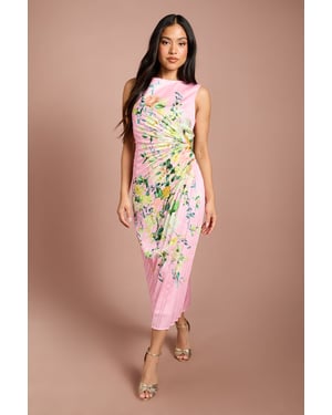 Petite Lisa Tan Pleated Floral Midi Dress With Pleat Detail