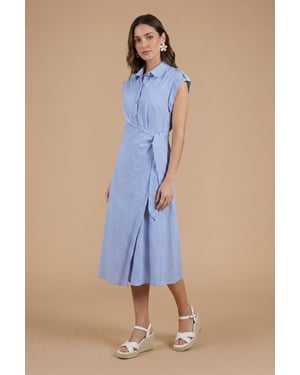 Stripe Wrap Front Roll Sleeve Shirt Dress