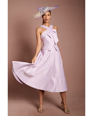 Lisa Tan Cross Neck Structured Satin Bow Detail Midi Dress