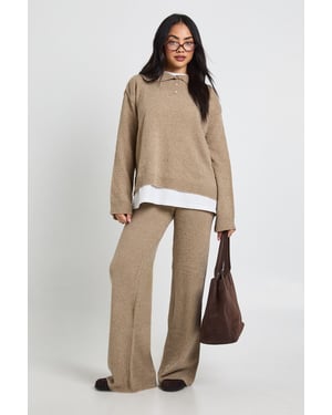 Collared Button Down Oversized Knitted Jumper And Straight Leg Trouser Co-Ord