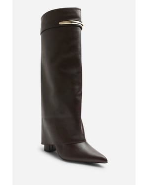 Wheres That From Womens Nareva Fold Over Shark Block Heel Point Toe Boots With Trim Detail