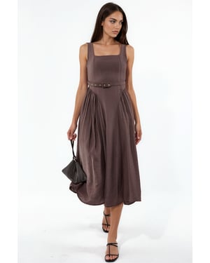 Square Collar Belted Midi Dress