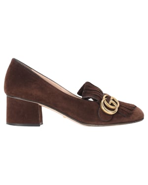 Gucci Marmont loafers met middelhoge hak in bruin suède