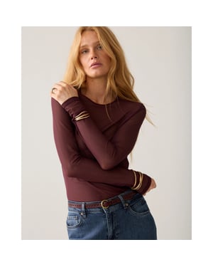 Summum 3s5394-30180 335 round neck top long sleeve mesh solid dark burgundy