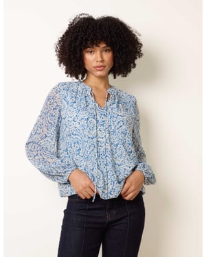 Grandad Tie Neck Puff Hem Watercolour Blouse