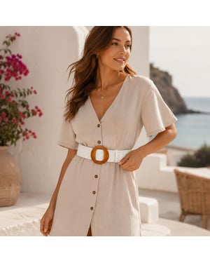 Women’s Woven Elastic Dress Belt Straw-Look Waist Belt with Wooden Buckle in White