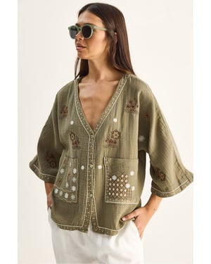 Embroidered Cotton Crepe V-Neck Shirt