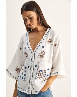 Embroidered Cotton Crepe V-Neck Shirt