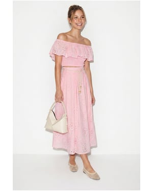 Embroidered Off-shoulder Blouse And Midi Skirt Set
