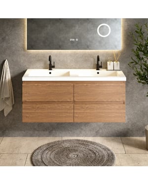 Mirlux Badkamermeubel asora 120cm 2 kraangaten warm eiken wastafel wit