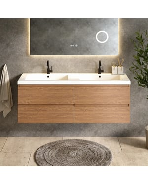 Mirlux Badkamermeubel arato 140cm 2 kraangaten warm eiken wastafel wit
