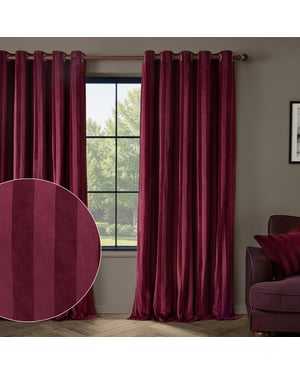 Paoletti Regency Stripe Velvet Fully Lined Eyelet Curtain Pair, Burgundy