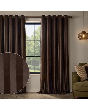 Paoletti Regency Stripe Velvet Fully Lined Eyelet Curtain Pair, Chocolate