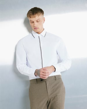 River Island Mens Shirt White Slim Fit Long Sleeved Tipped