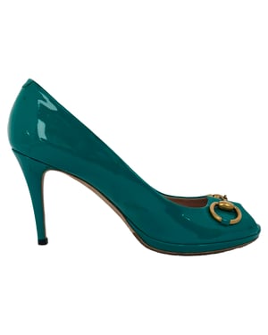 Gucci New Hollywood Horsebit Peep Toe Pumps in Turquoise Patent Leather