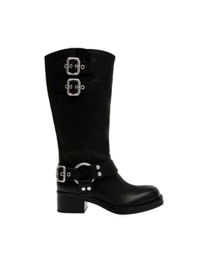 Steve Madden Motorrijlaarzen voor dames in oosterse stijl, van leer en met gespdetails (Zwart)