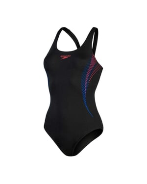 Speedo Dam-baddräkt med muskelrygg och abstrakt mönster (Svart/röd)