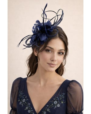 Floral Feather Fascinator with Loops in Navy
