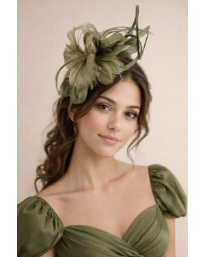 Floral Feather Fascinator with Loops in Olive Green