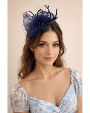 Double Flower Feather Fascinator in Navy