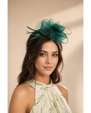 Double Flower Feather Fascinator in Dark Green