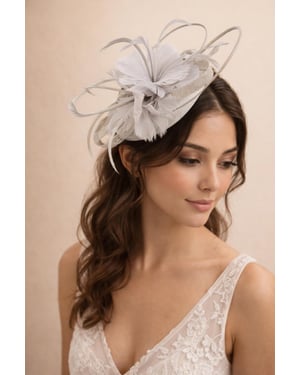 Floral Feather Fascinator with Loops in Light Grey