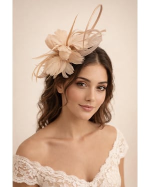 Floral Feather Fascinator with Loops in Nude