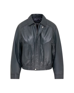 Damer Navy läder Biker Bomber Oversize-jacka - Blouson