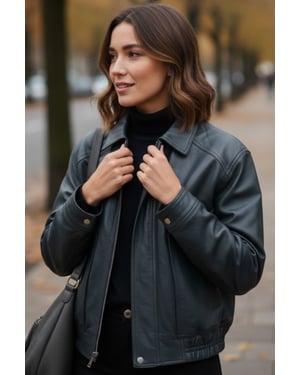 Damblå läderbiker, Blouson Bomber, överdimensionerad jacka - Moon