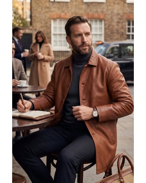 Herenbeige leren jas met lange kraag - wapen