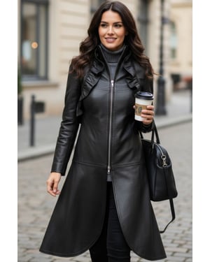 Dames gothzwart leren Victoriaanse uitlopende staartjas met hoge kraag - Everly