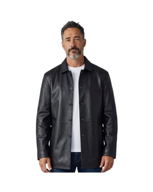 Men's Black Leather Long Collared Car Coat Jacket - Bergen
