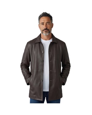 Men's Brown Leather Long Collared Car Coat Jacket - Bergen