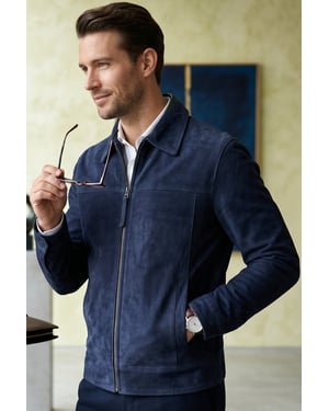 Herrarnas marinblå Goat Suede läderjacka Harrington Biker - Ridge