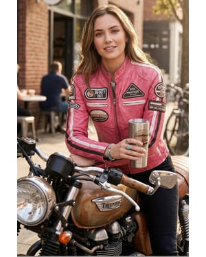 Damernas Biker Racing-märken Fuchsia-läderjacka-lönn