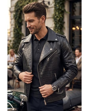 Mens Black Cow Leather Alligator Print Embossed Biker Jacket - Forge