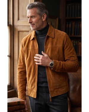Herrarnas beige getmocka-läderjacka med Harrington-motorcykeljacka - Ridge