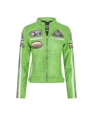 Damers Biker Racing Badges Grön läderjacka – Eastleigh